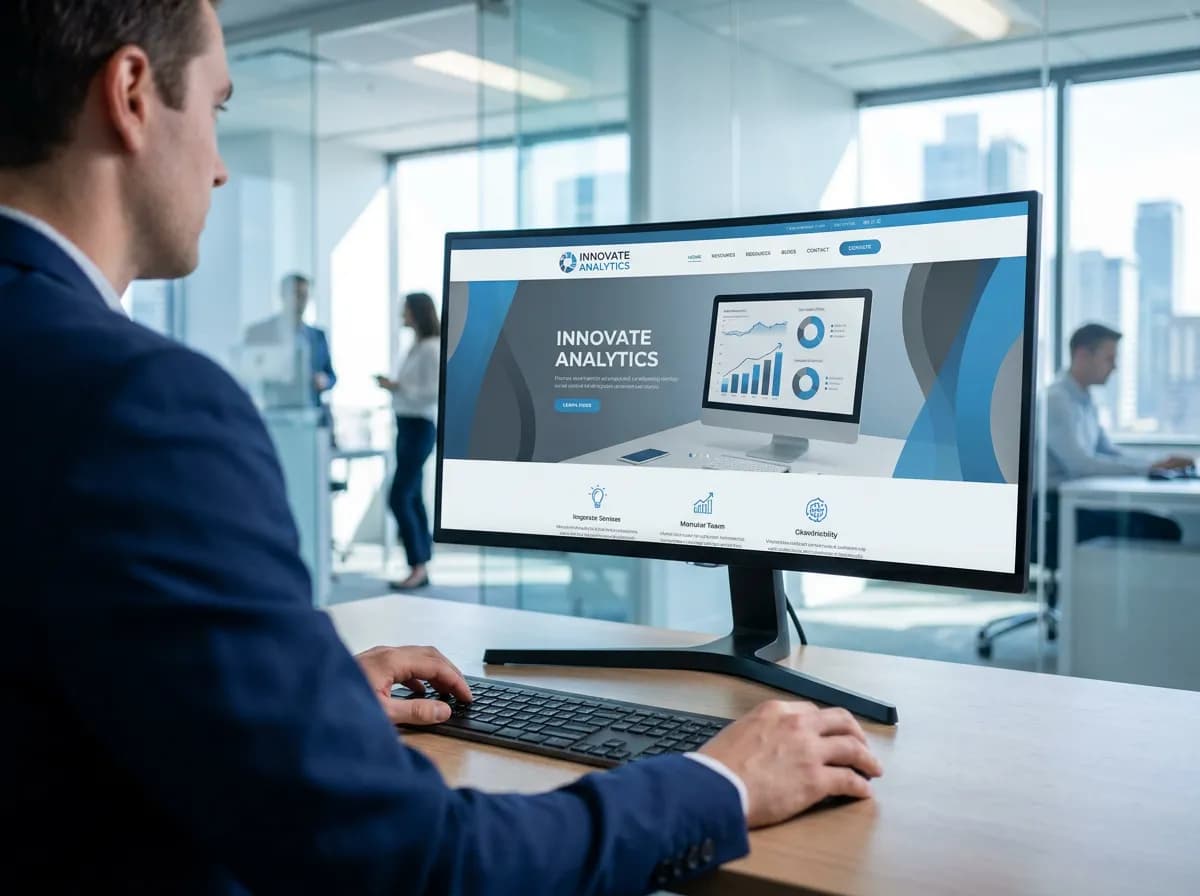 Business owner reviewing their company website on a large monitor in a modern glass office