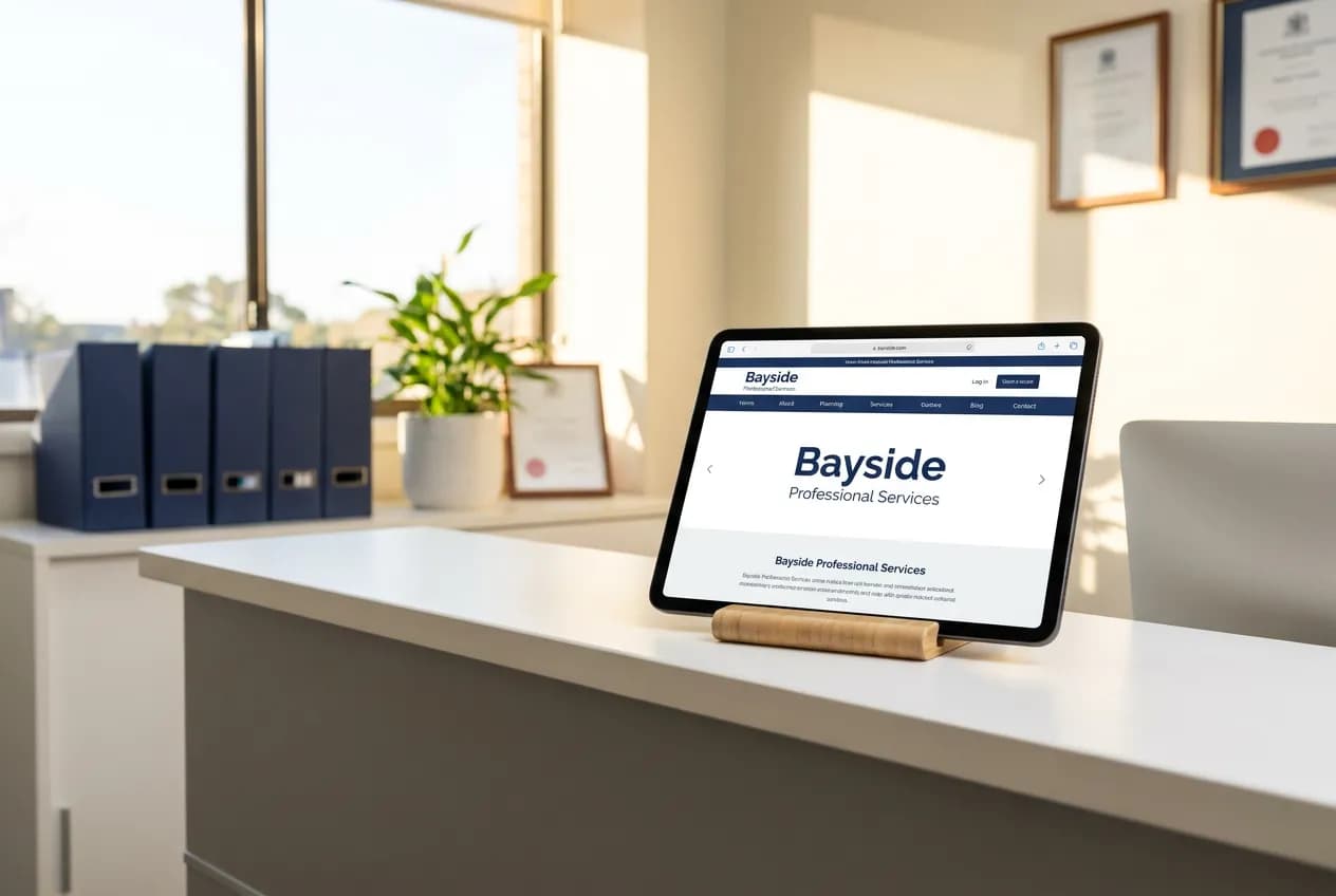 Professional office reception with a tablet showing the company website