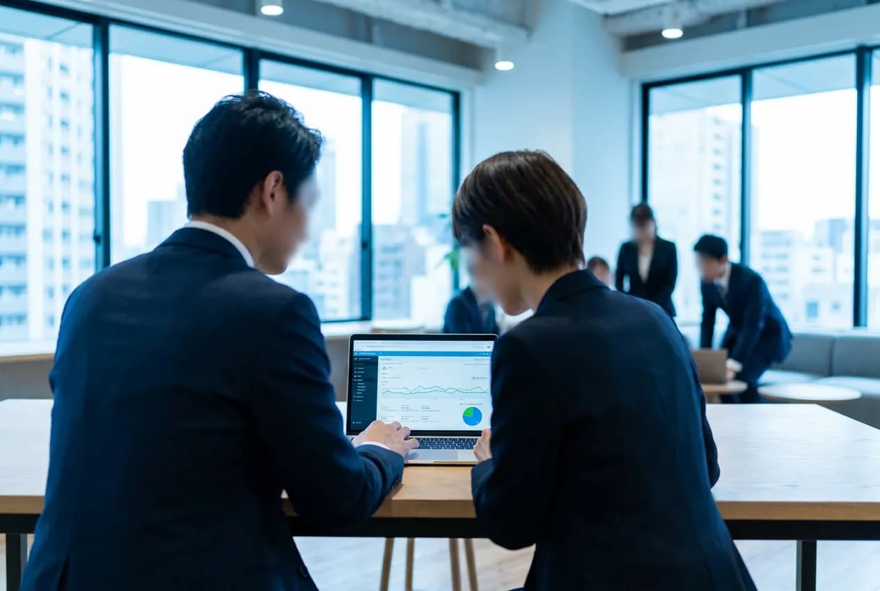 Business professionals reviewing website performance analytics together on a laptop