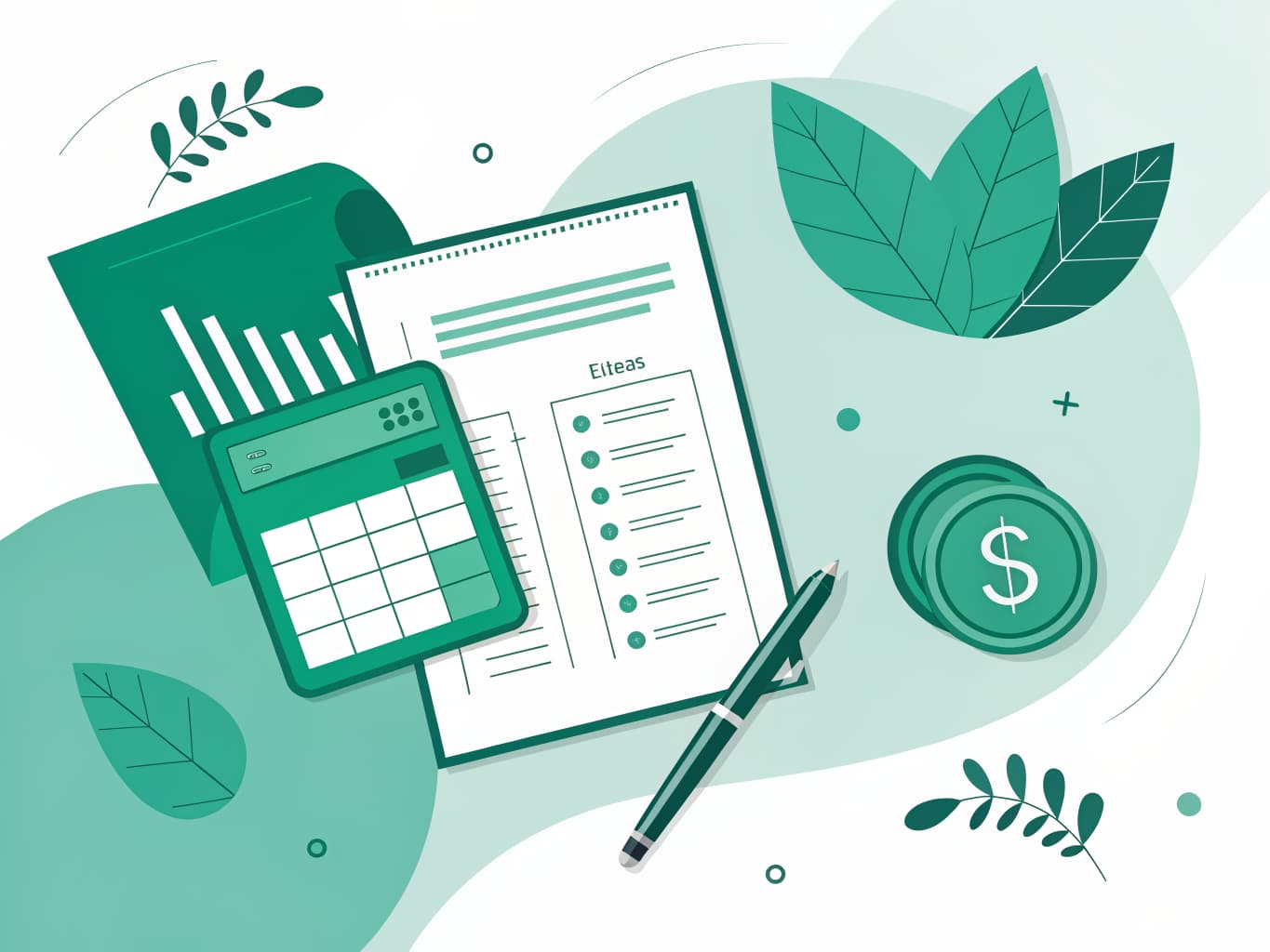 Invoice and estimate documents with line items, totals and a pen