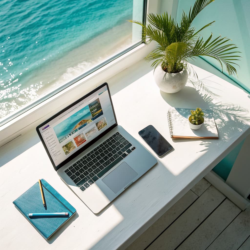 Laptop on a sunlit desk with an ocean view, building a website for a Florida business