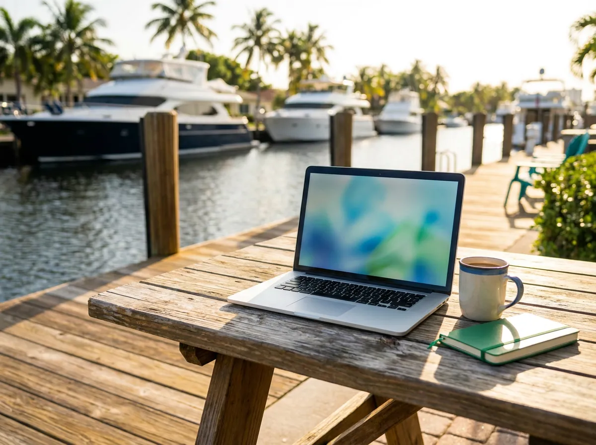 Laptop and coffee on a dock beside a Fort Lauderdale canal with yachts