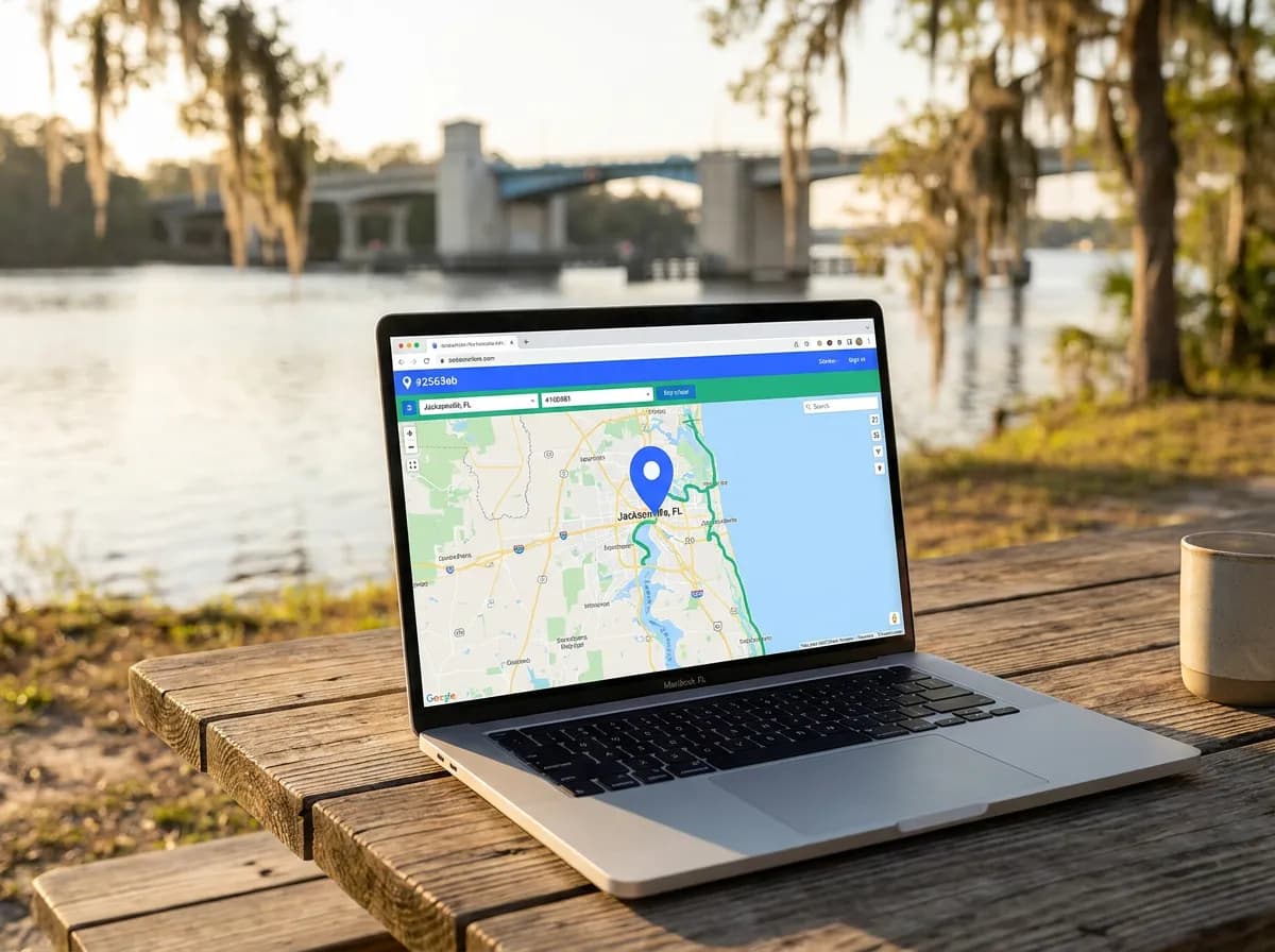 Laptop showing a map pin marker with the Jacksonville river bridge in the background