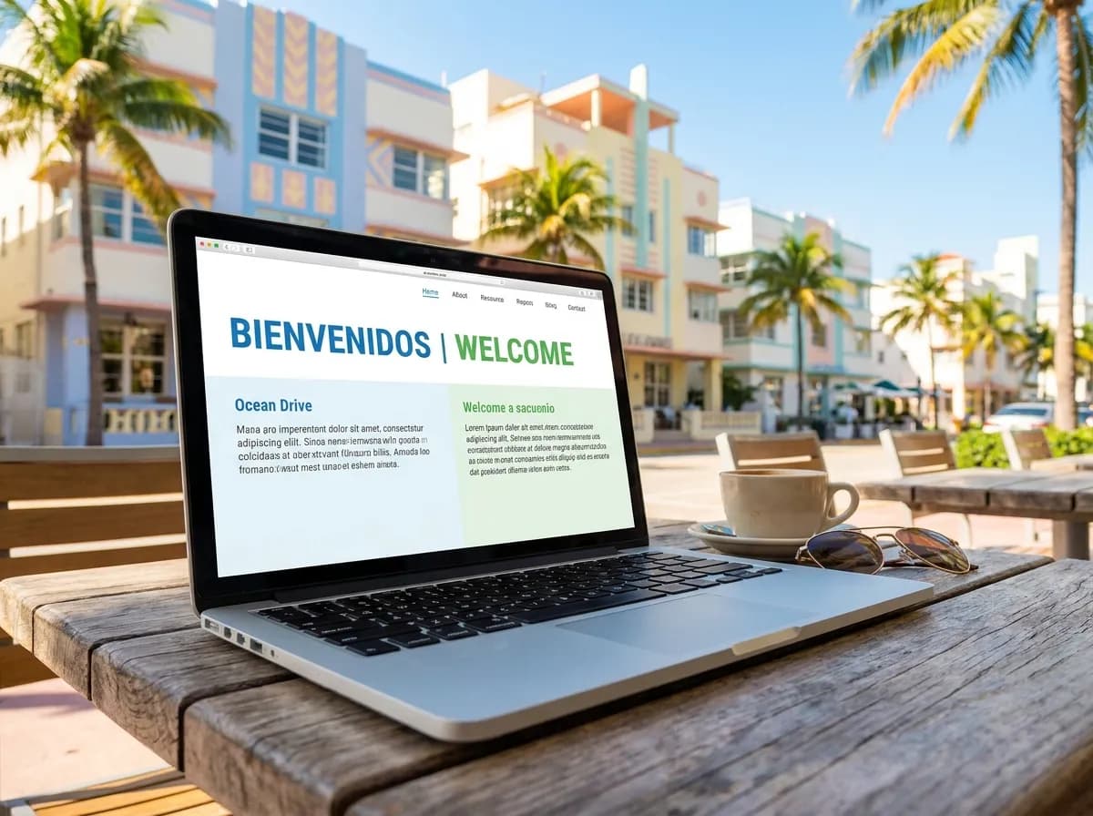 Bilingual website mockup in front of colorful Miami Art Deco buildings