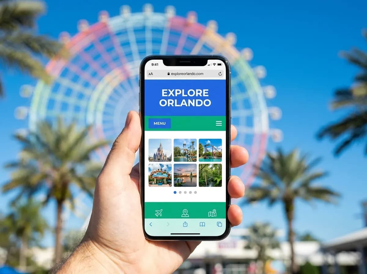 Smartphone showing a responsive website with an Orlando skyline in the background