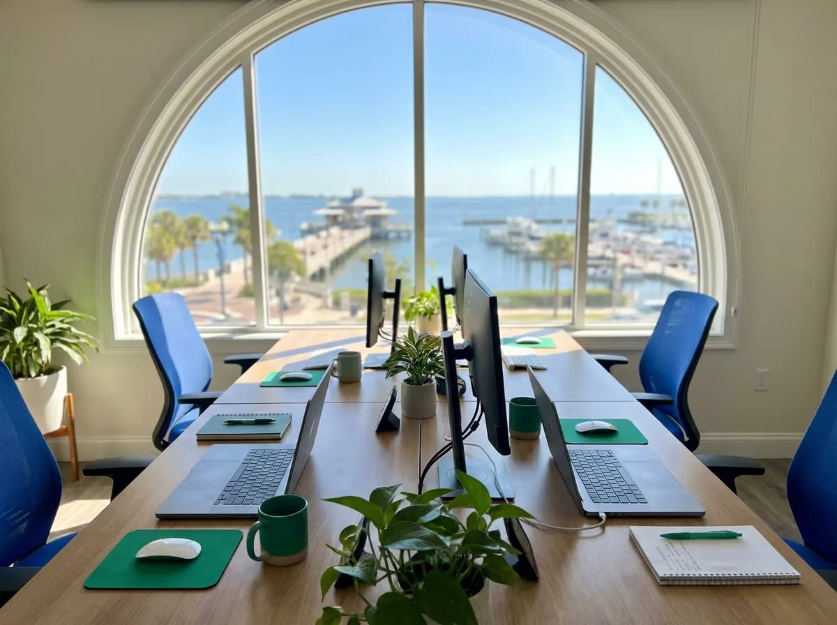 Collaborative workspace with the St. Petersburg pier visible through the window