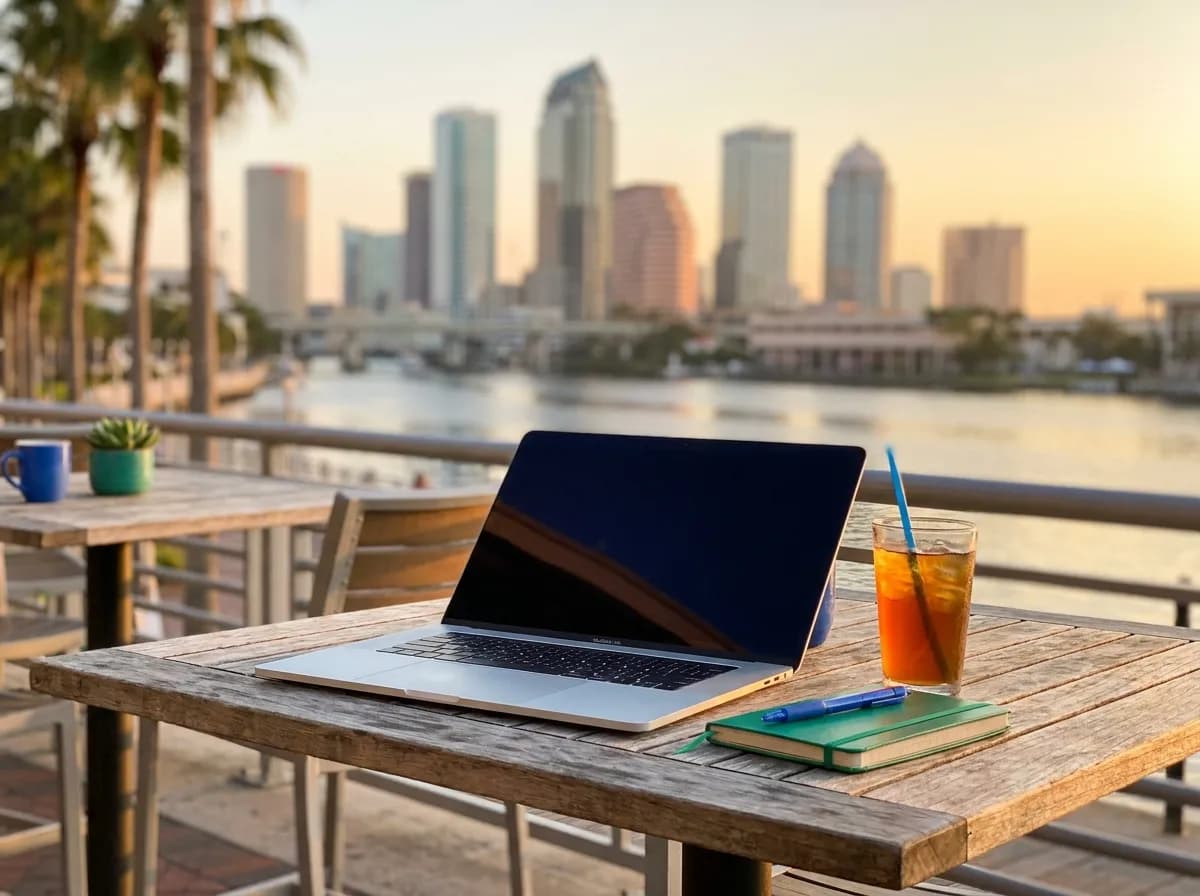 Laptop building a website on a sunny table along the Tampa Riverwalk