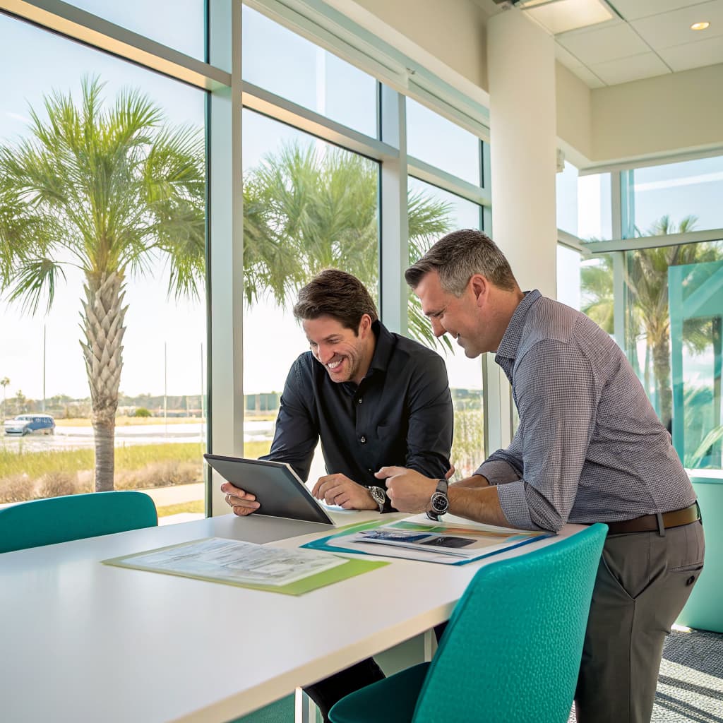 Team collaborating on a website design at a modern Florida office with palm trees outside