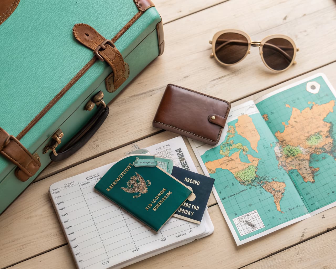 Suitcase, passport, and world map for a travel agency website