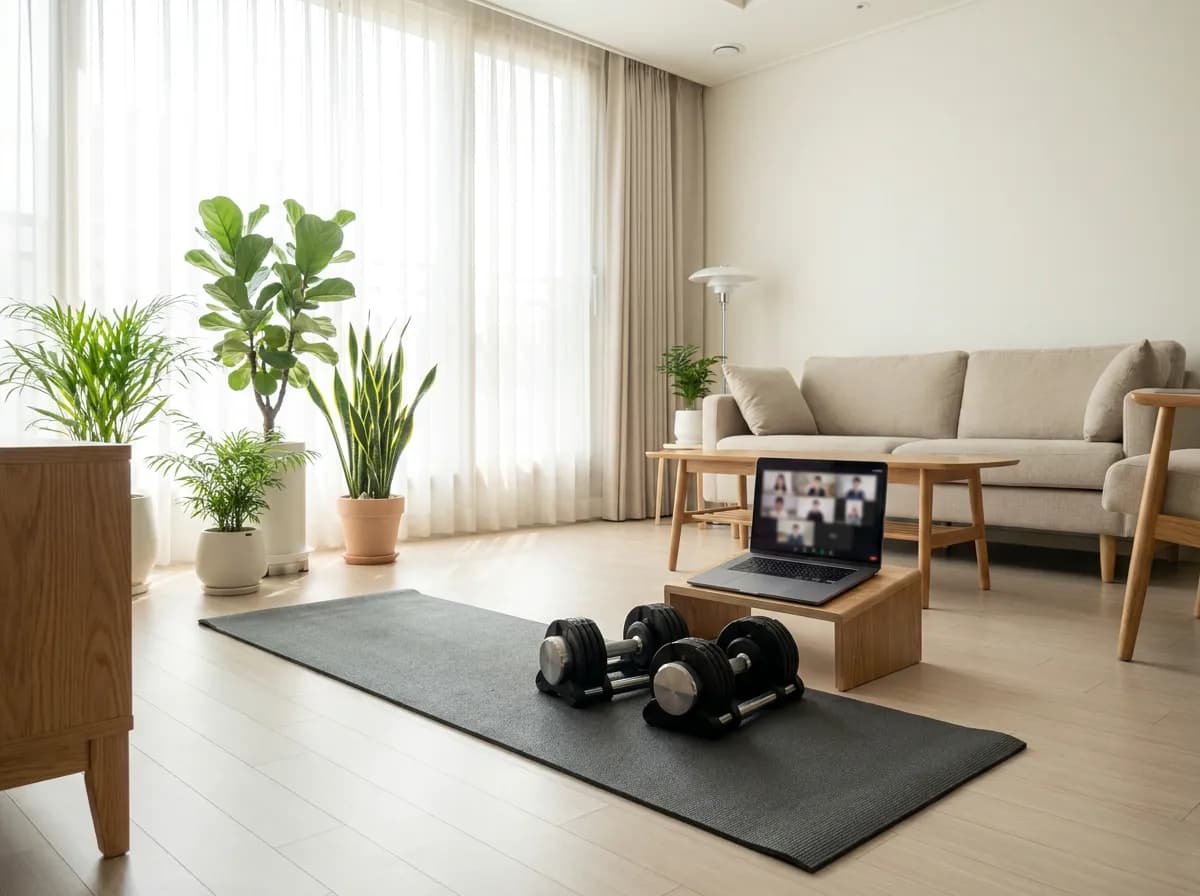 Home workout setup with laptop for online personal training