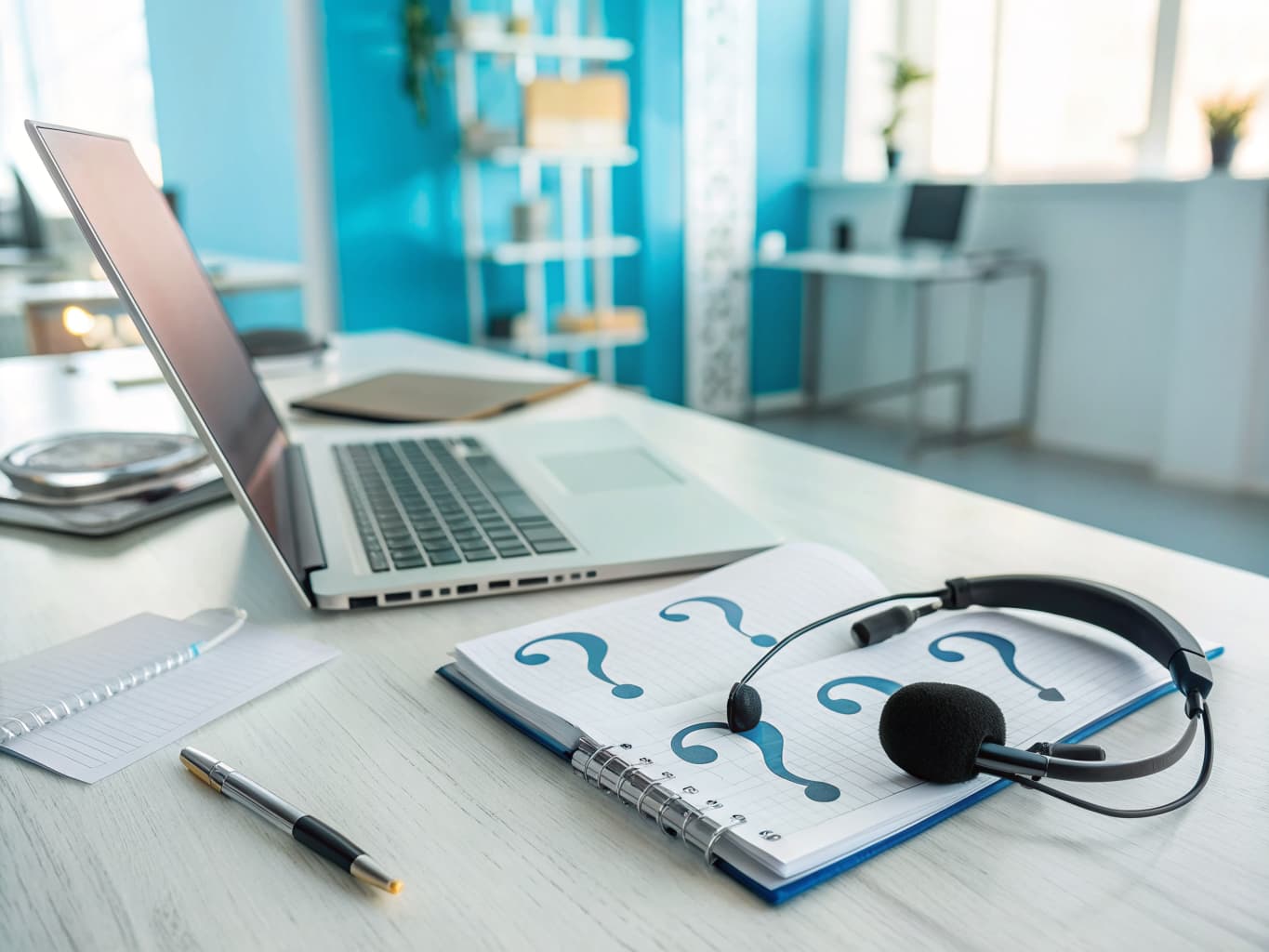 Help desk with laptop, notebook of questions and headset