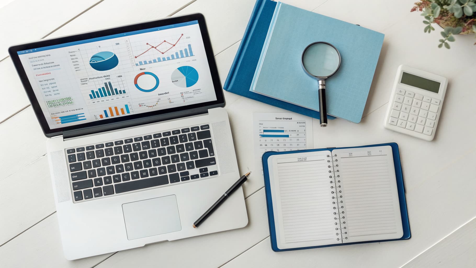 Workspace with analytics laptop, magnifying glass and SEO checklist