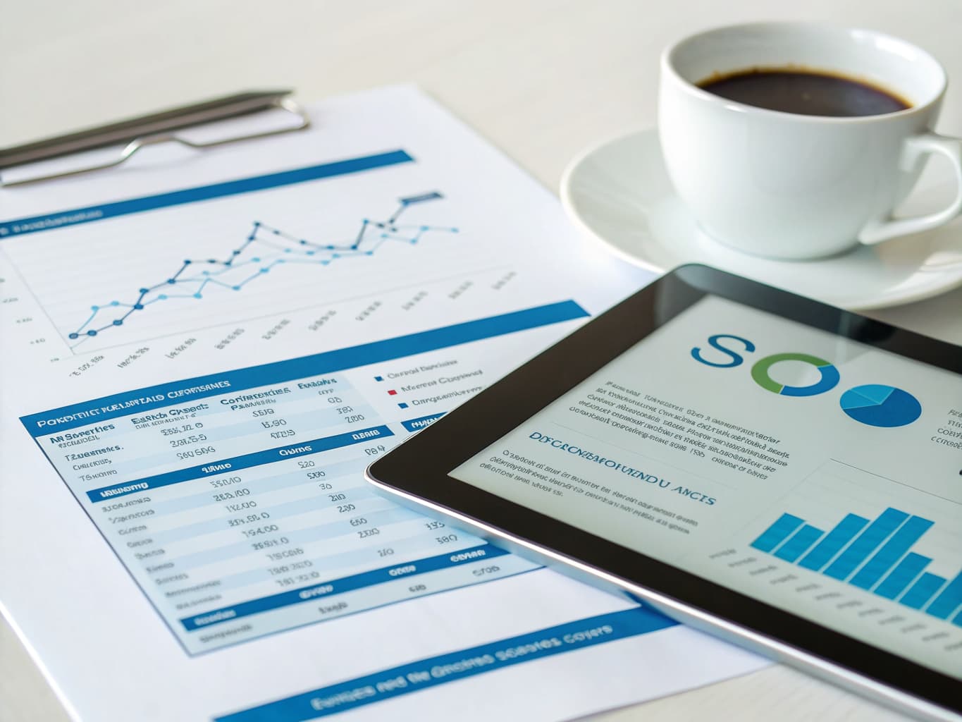 Printed SEO report with a rising performance graph