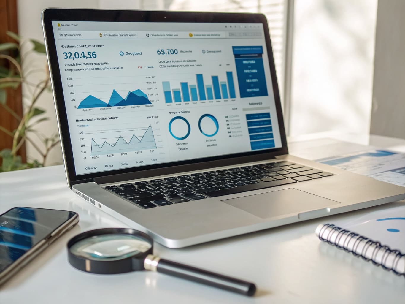 Website analysis dashboard with charts and a magnifying glass