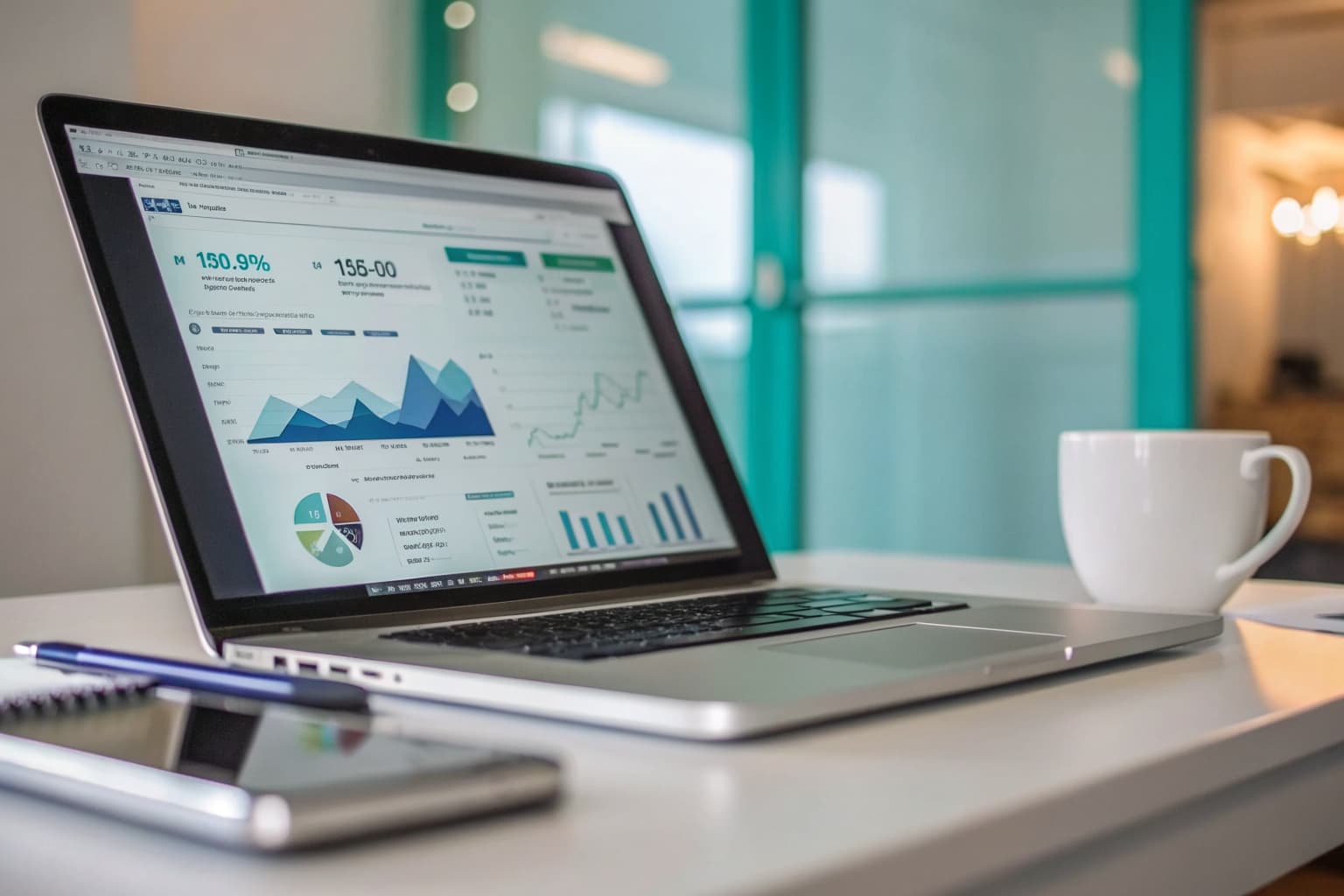 Laptop showing an SEO analytics dashboard with search ranking growth