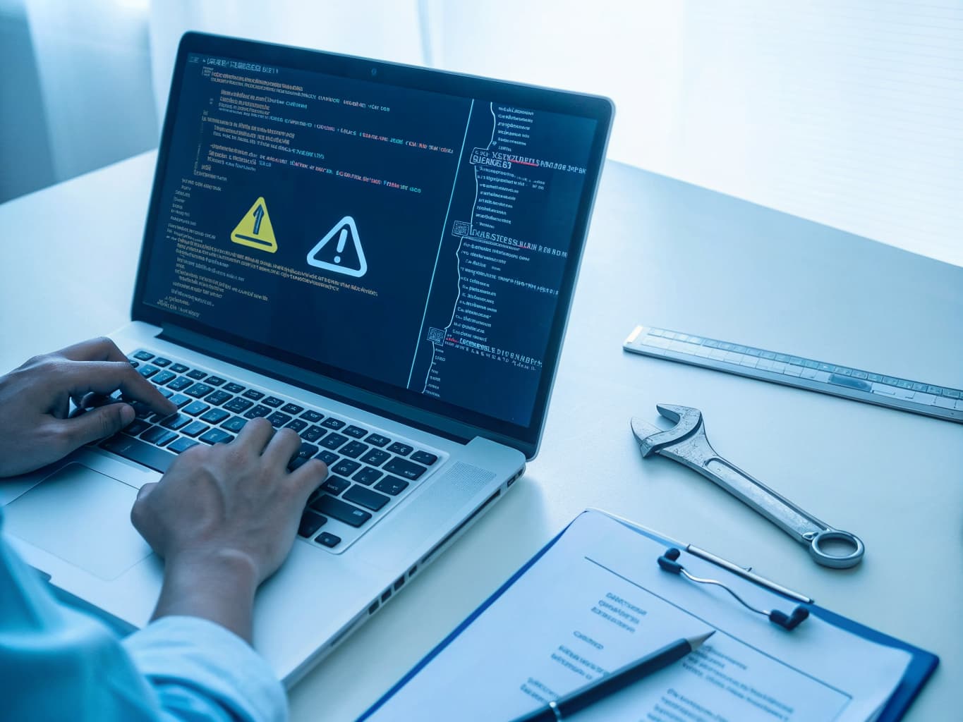 Laptop with warning icons being fixed by a technician