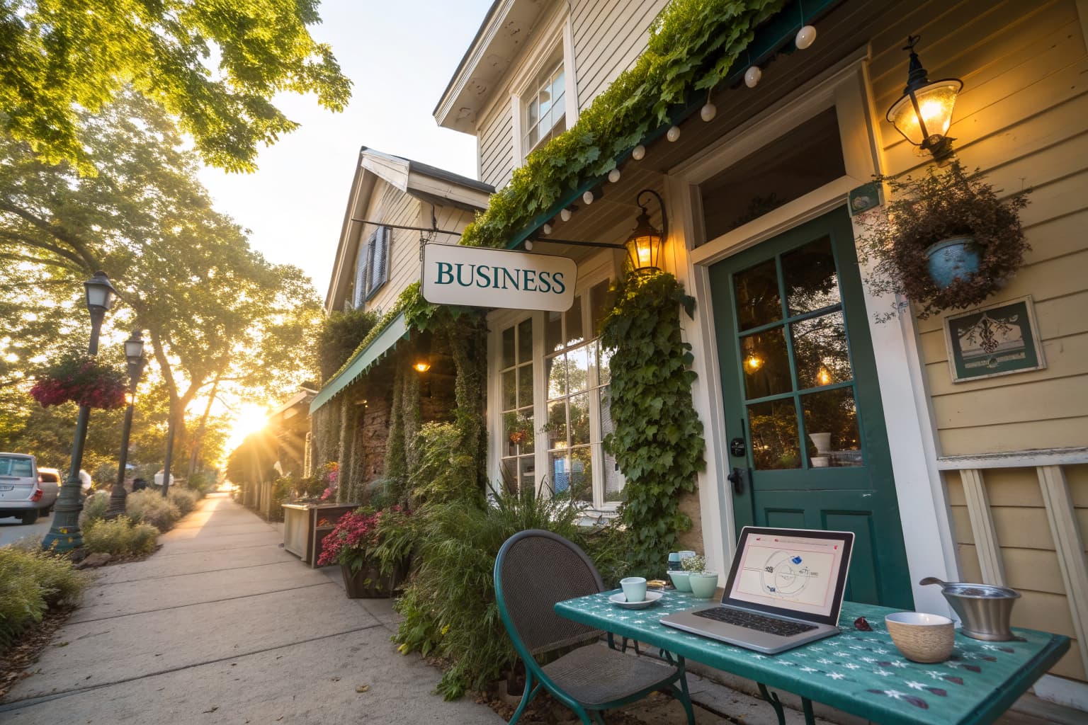 Charming small business storefront with a laptop showing a business website