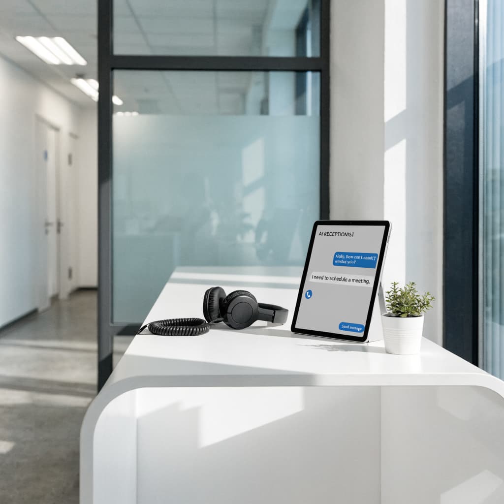 Office desk with a tablet showing an AI receptionist chat