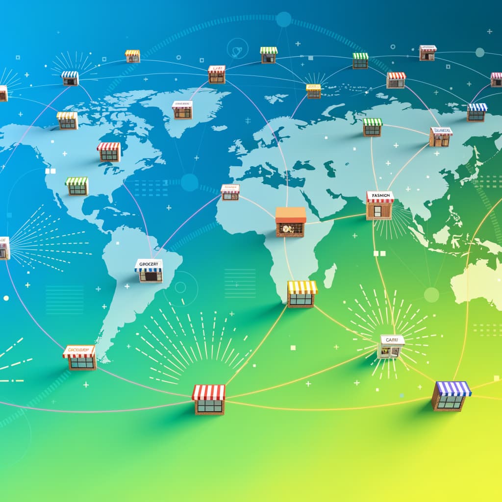 World map connecting small business storefronts