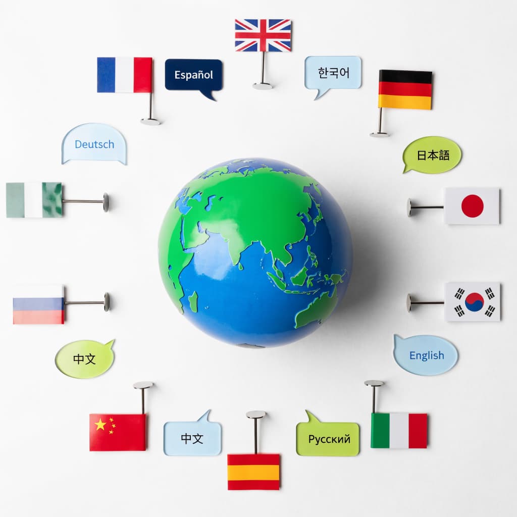 Globe surrounded by flags and language bubbles