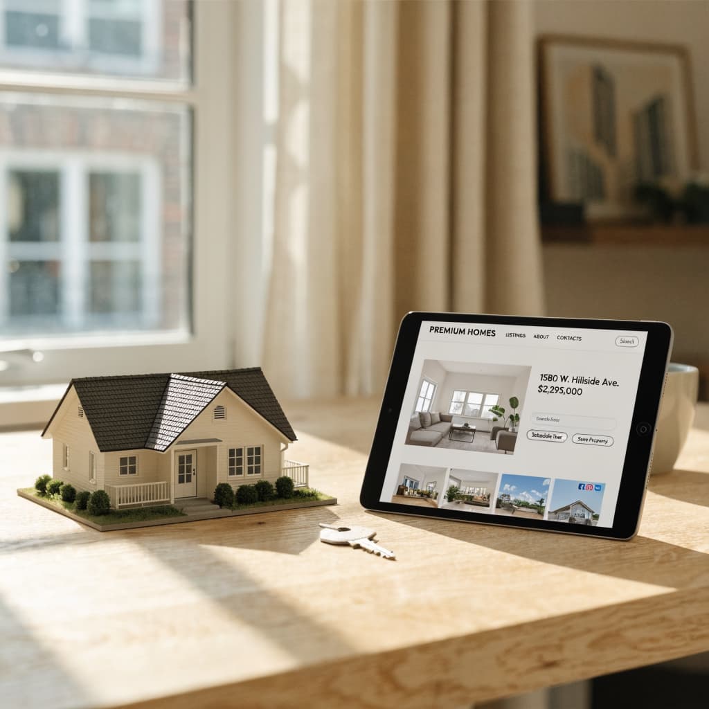 Model house next to a tablet showing a real estate website