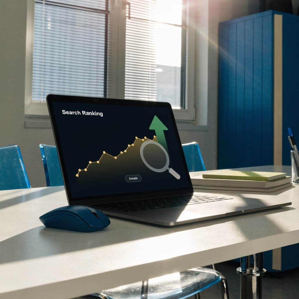Laptop showing a rising search ranking graph