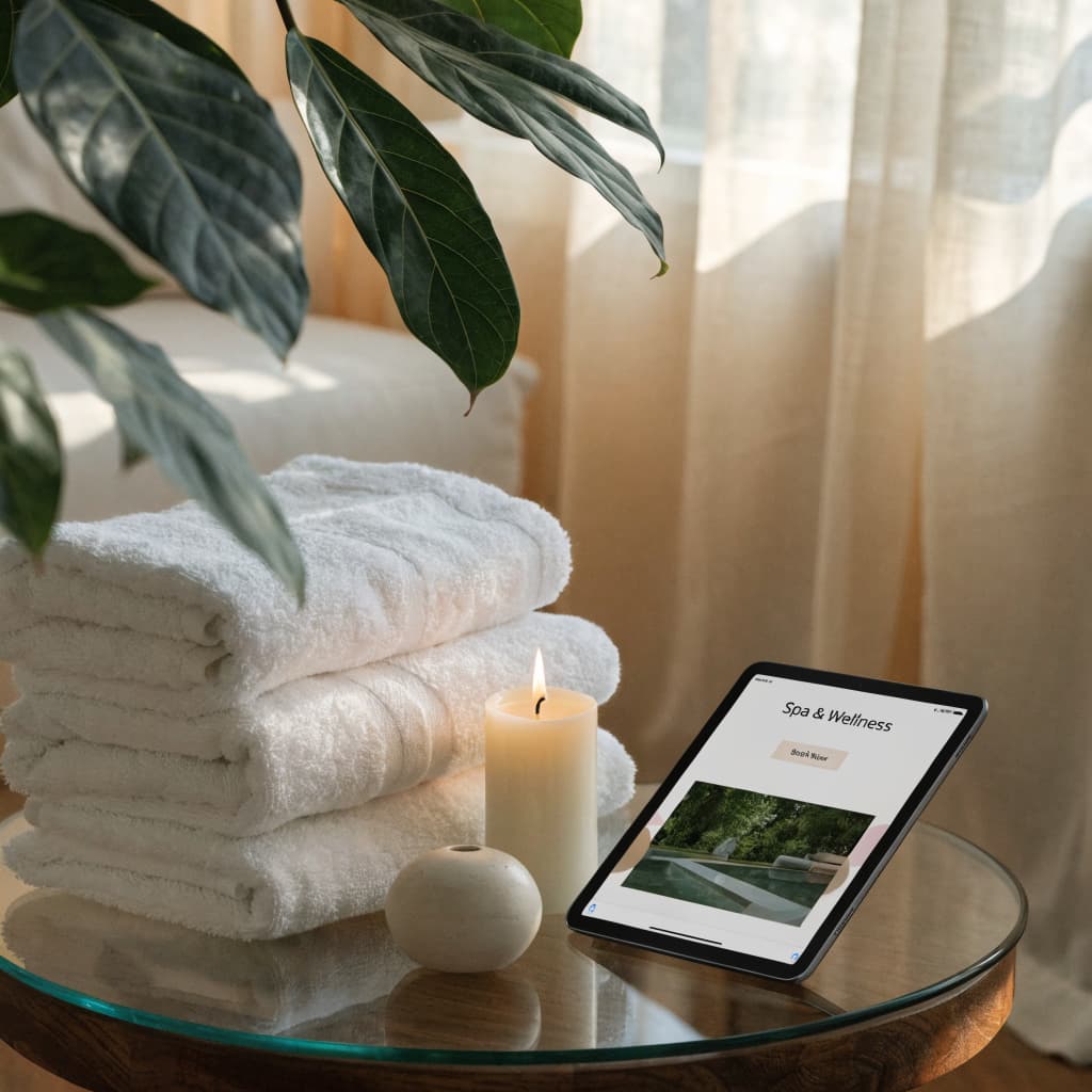 Spa towels and candle next to a tablet showing a wellness website