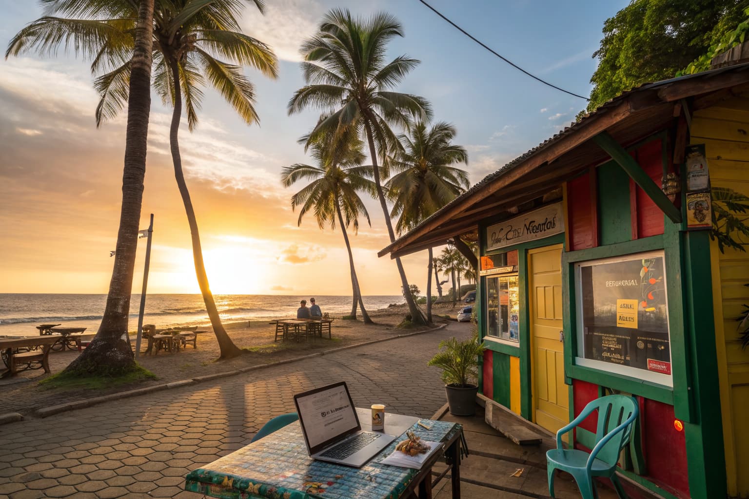 Small business storefront in a tropical Costa Rican beach town at sunset