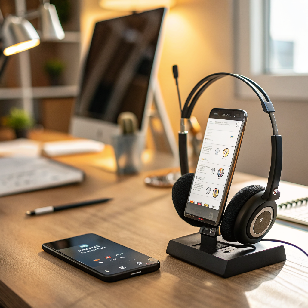 Office desk with a headset and phone showing an AI receptionist feature