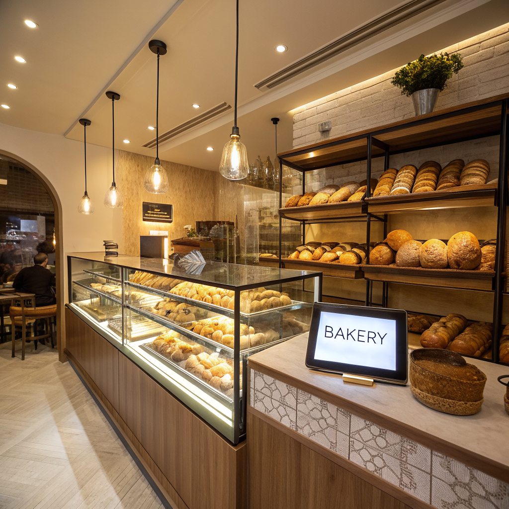 Bakery display case with a tablet showing a bakery website