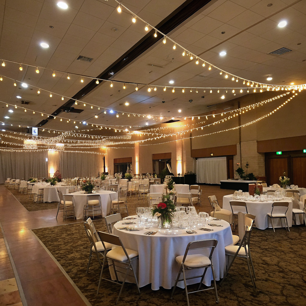 Elegant banquet hall set up for a reception with string lights