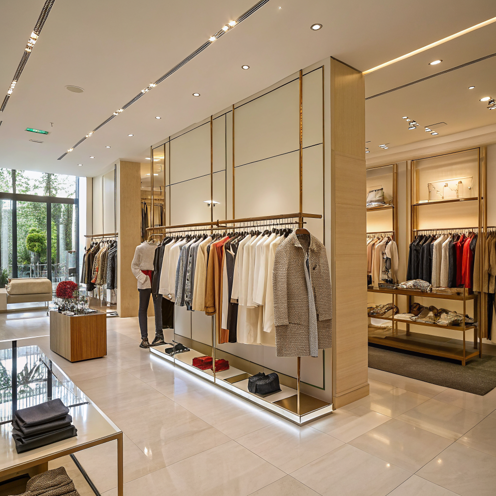 Modern clothing boutique interior with racks of clothing