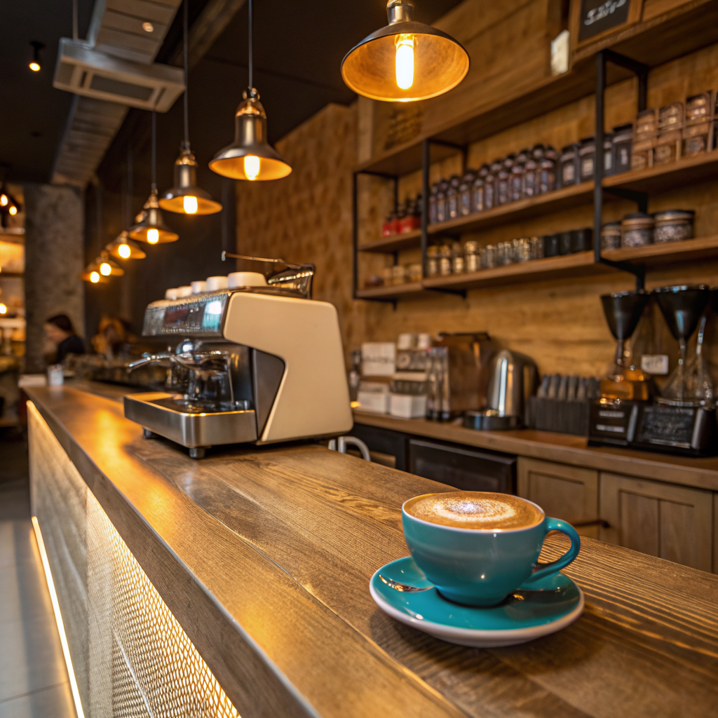 Coffee shop counter with espresso machine and latte art