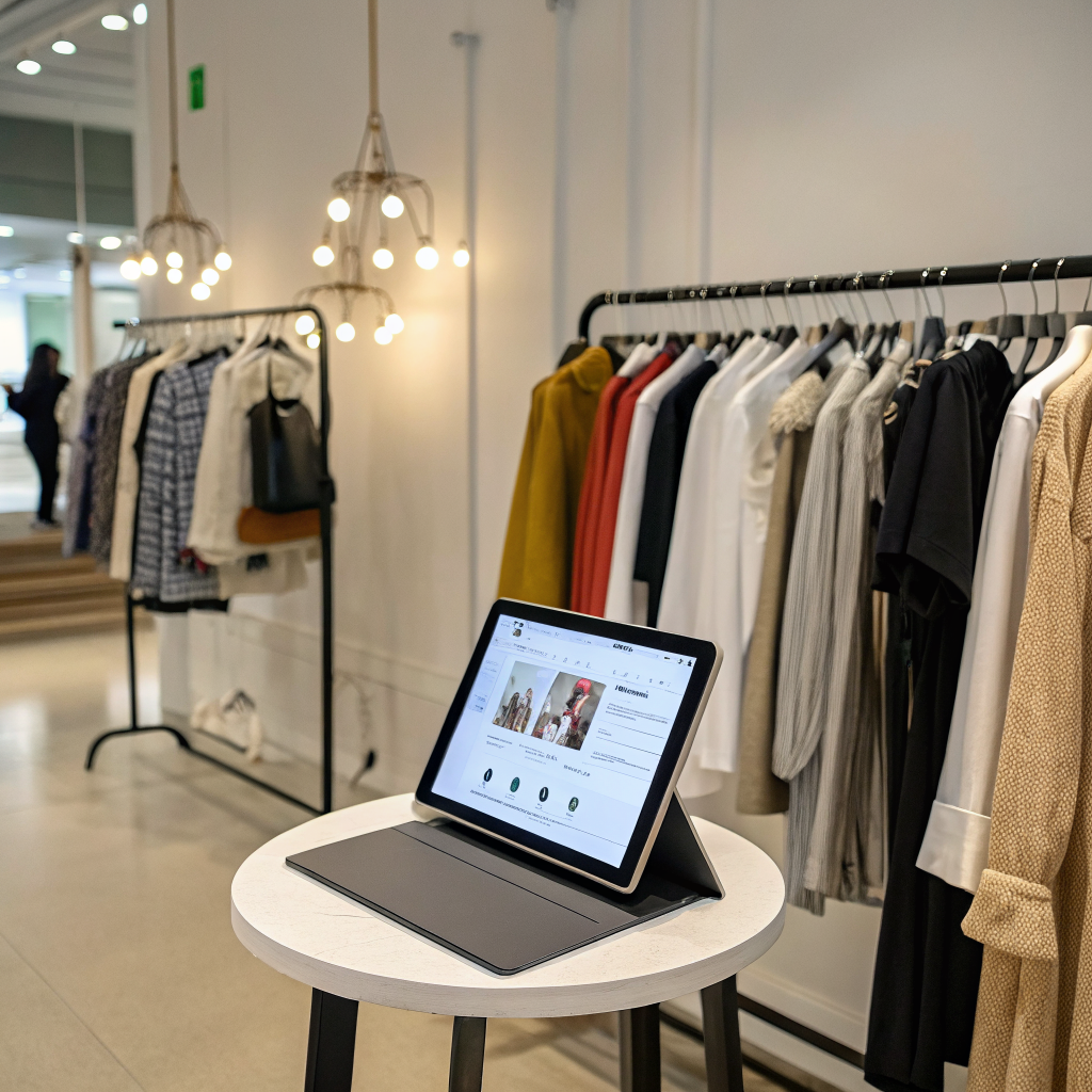 Clothing rack with a tablet showing an online store website