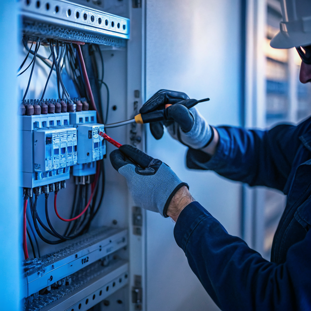 Electrician working on an open circuit breaker panel