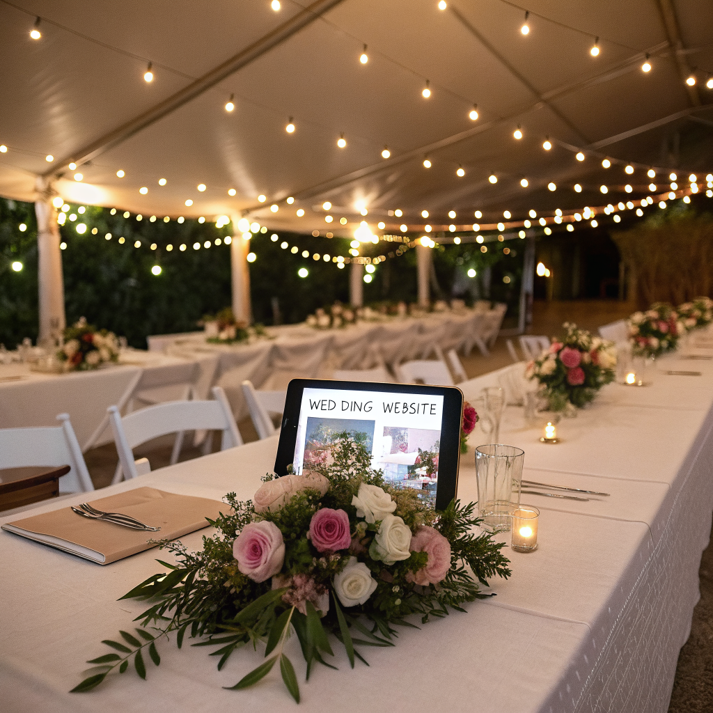 Wedding reception table with a tablet showing a wedding website