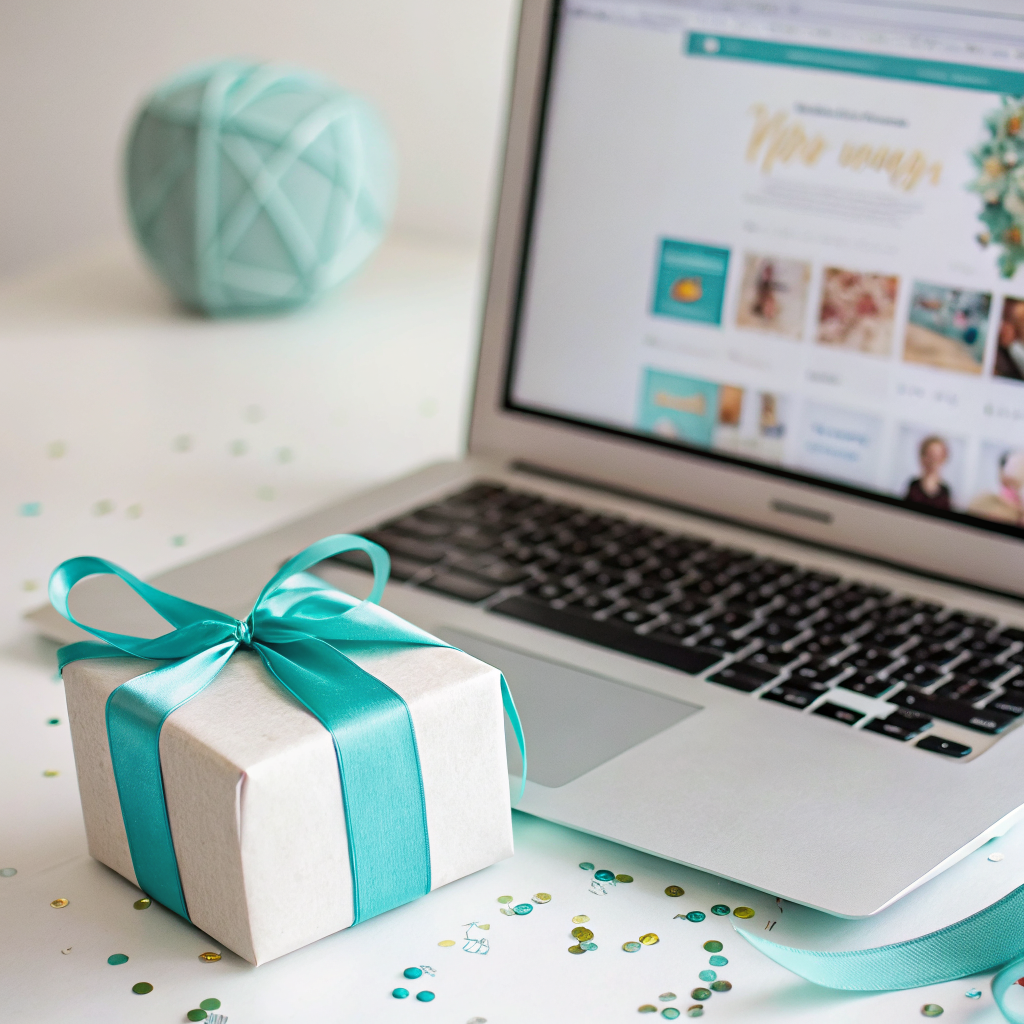 Gift box next to a laptop showing a new website homepage