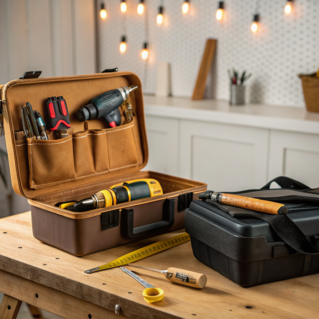 Handyman toolbox and tools on a workbench