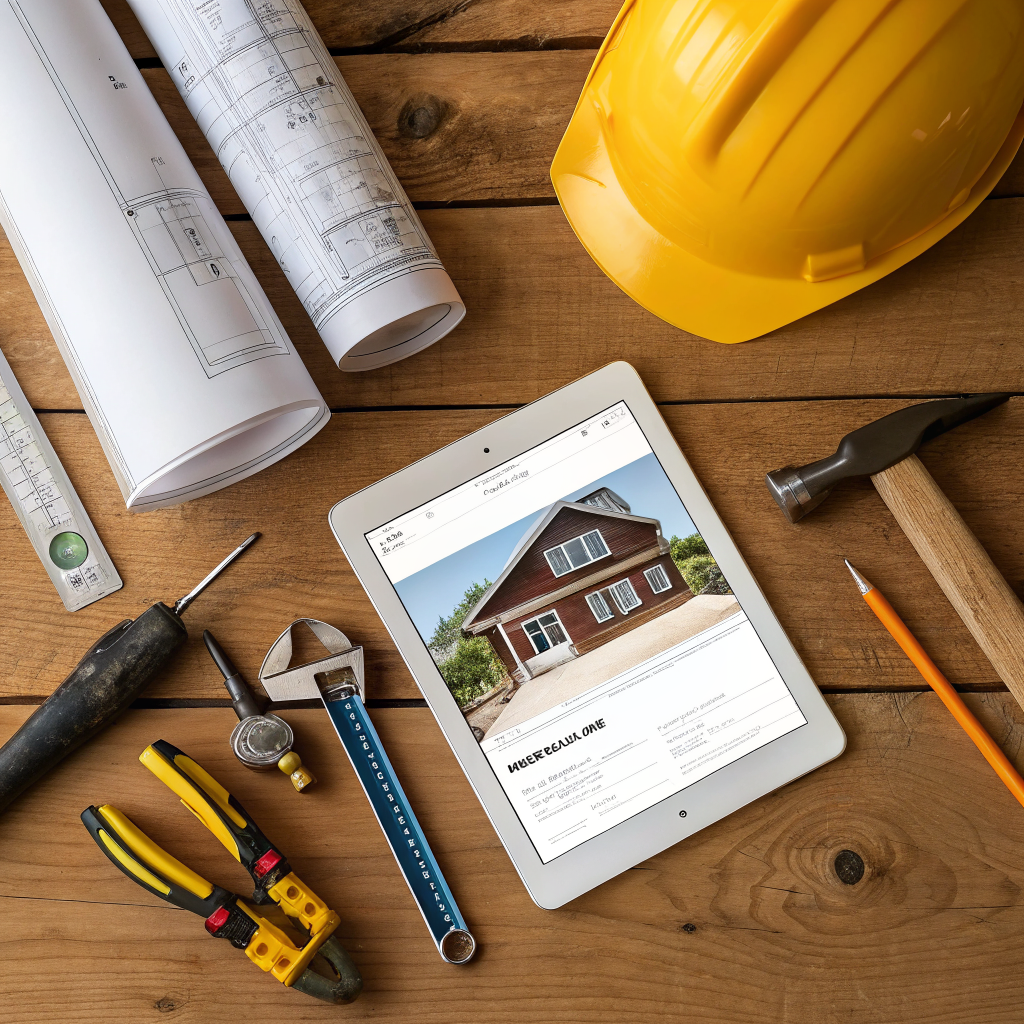 Tools and blueprint with a tablet showing a home services website