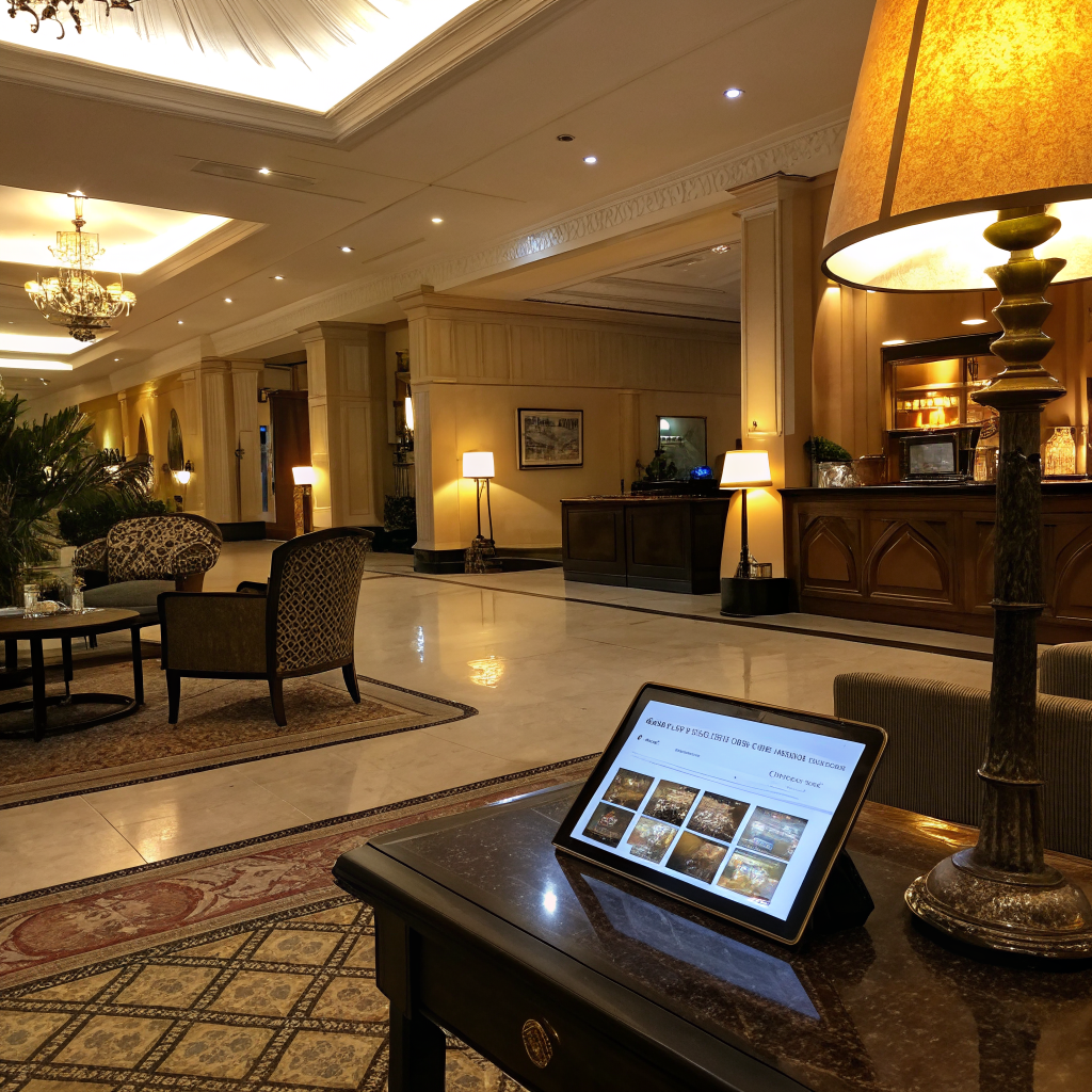 Hotel lobby with a tablet showing a hotel website