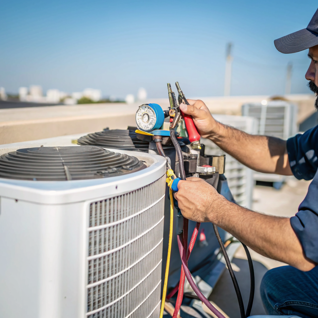 HVAC technician servicing a rooftop air conditioning unit