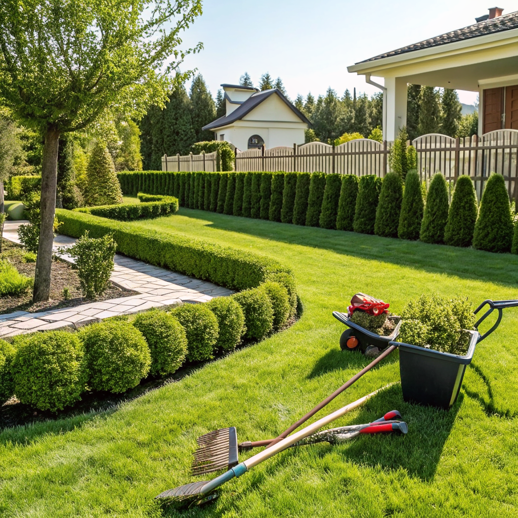Freshly landscaped front yard with tools resting on the lawn