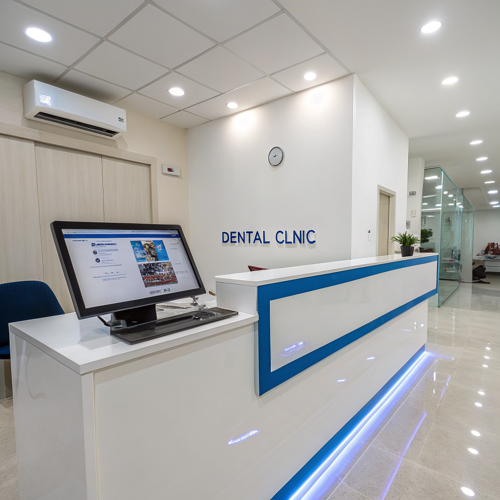 Modern clinic reception with a tablet showing a dental clinic website