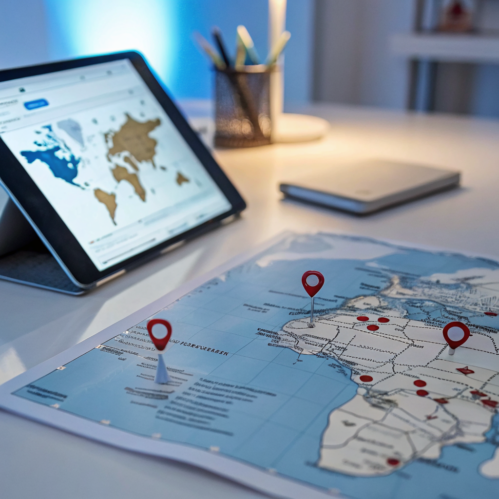 World map and tablet showing a website in multiple languages