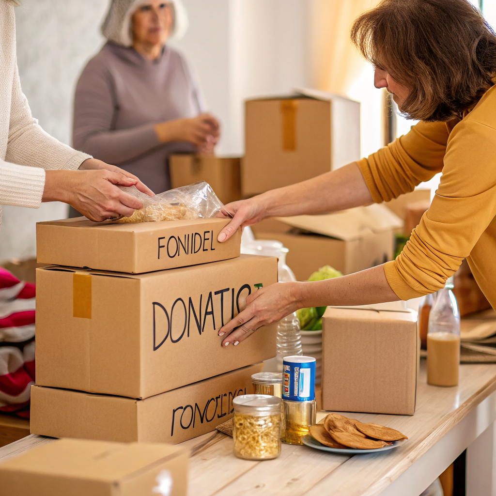 Volunteers packing donation boxes for a community nonprofit