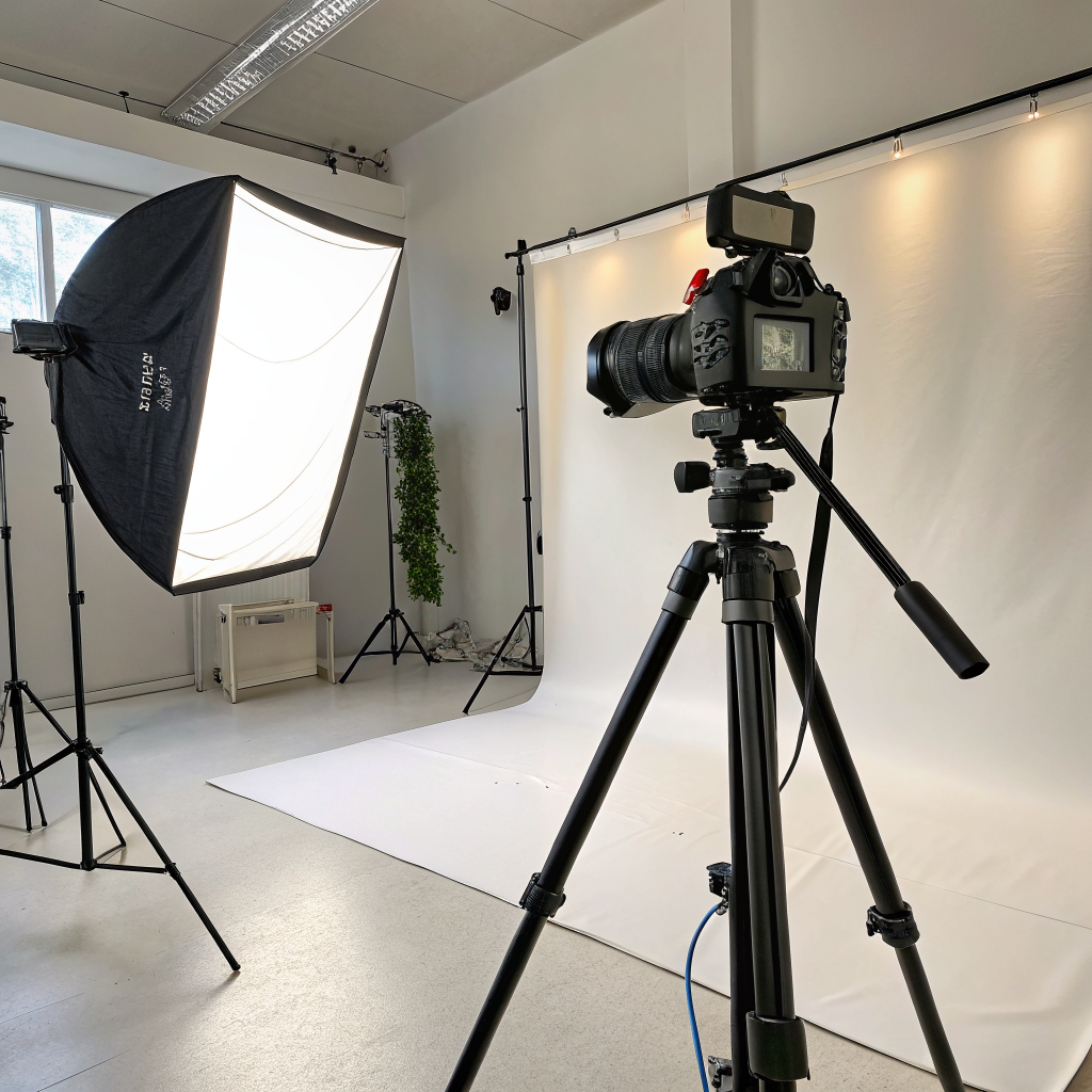 Camera on a tripod set up in a bright photography studio