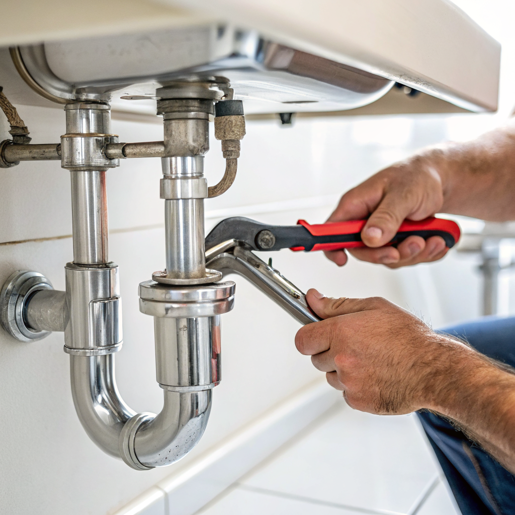 Plumber using a wrench on kitchen sink pipes