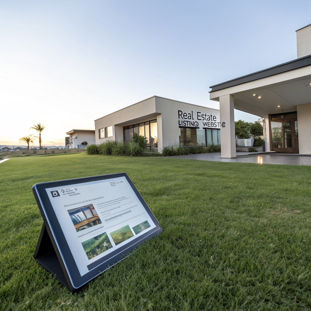 House exterior with a tablet showing a real estate listing website