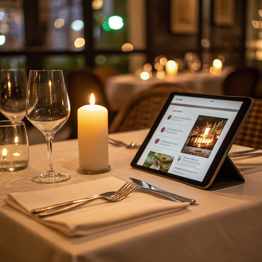 Restaurant table with a tablet showing a restaurant website menu