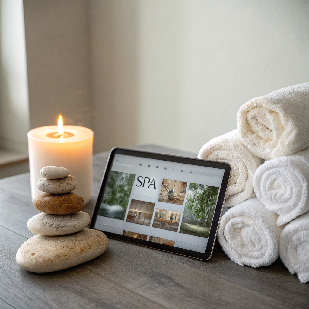 Spa stones and towels with a tablet showing a spa website